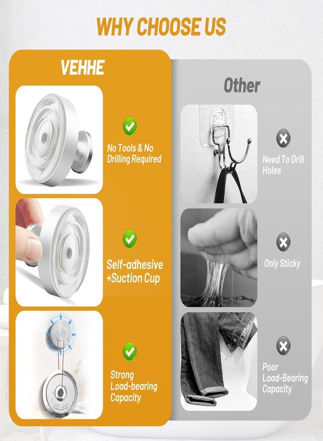 VEHHE Suction Cup Hooks for Shower 2 Pack, Heavy Duty Self-Adhesive Shower Hooks for Inside Shower, No-Drill Shower Hooks Suction Cup for Loofah, Bath Towel, Towel (Silver) - Image 5