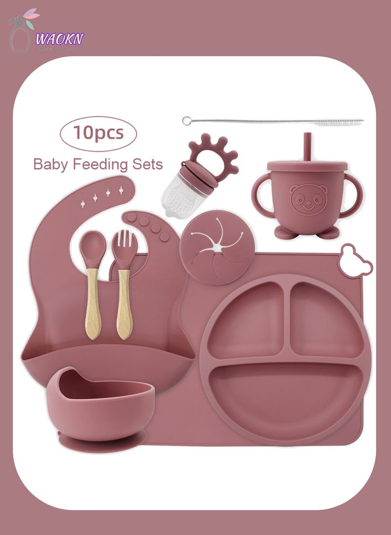 WAOKN 10 Pcs Baby Silicone Tableware Set Special For Infants To Eat Their Own Training Tableware Set Including Complementary Food Bowl Sippy Cup Dinner Plate Bib Fork And Spoon(Dark Pink) 