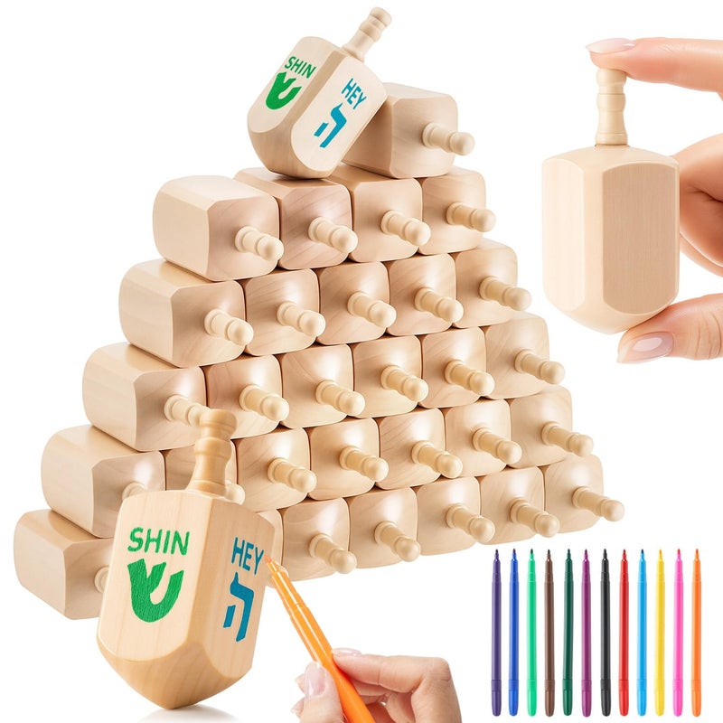 Blueweenly 12 Pcs Hanukkah Wooden Dreidels with 12 Colorful Markers 35inch Blank Wooden Dreidels Hanukkah Unfinished Chanukah Dreidels for Hanukkah Party DIY Projects Crafts Family Fun Supplies - Image 3
