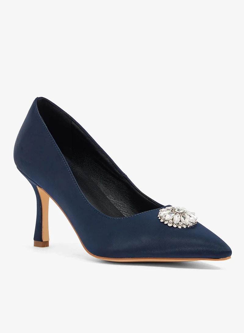 Khizana Navy blue satin pump with crystal embellishment, pointed toe, mid heel