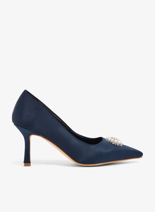 Khizana Navy blue satin pump with crystal embellishment, pointed toe, mid heel