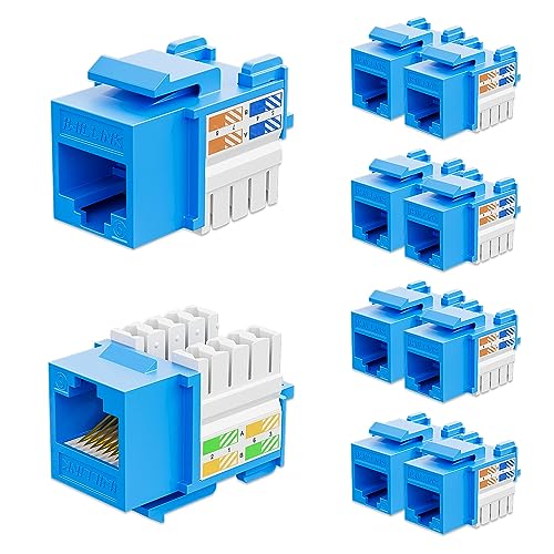 Iwillink 10Gbps Cat6 Keystone Jack 10-Pack, RJ45 90-Degree Ethernet Coupler, Punch Down Adapter (Blue) - Image 1