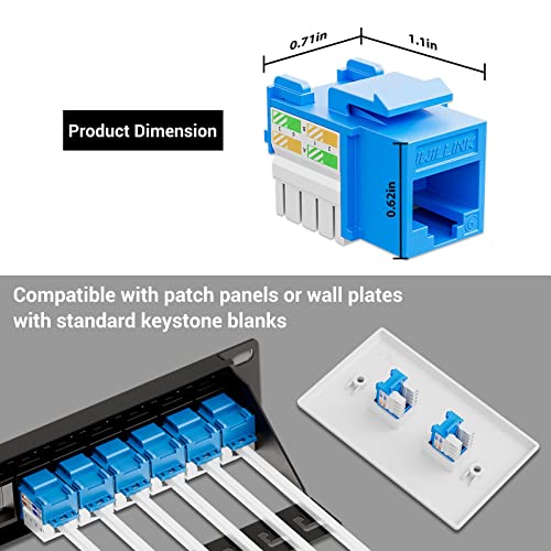Iwillink 10Gbps Cat6 Keystone Jack 10-Pack, RJ45 90-Degree Ethernet Coupler, Punch Down Adapter (Blue) - Image 4