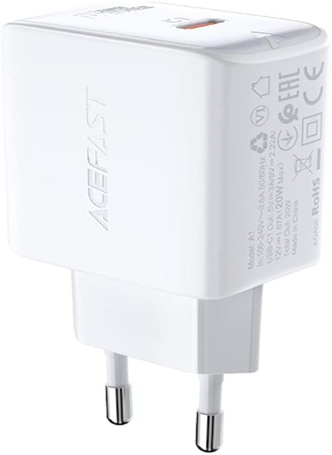 ACEFAST A1 - PD20W Single USB-C Fast Charger (20W - 2.4A - 5V), Support PD20W, QC3.0/QC2.0, FCP, AFC Charging Protocols, Compatible With iPhone 13/12/11, Samsung, Xiaomi, Huawei, Oppo - White