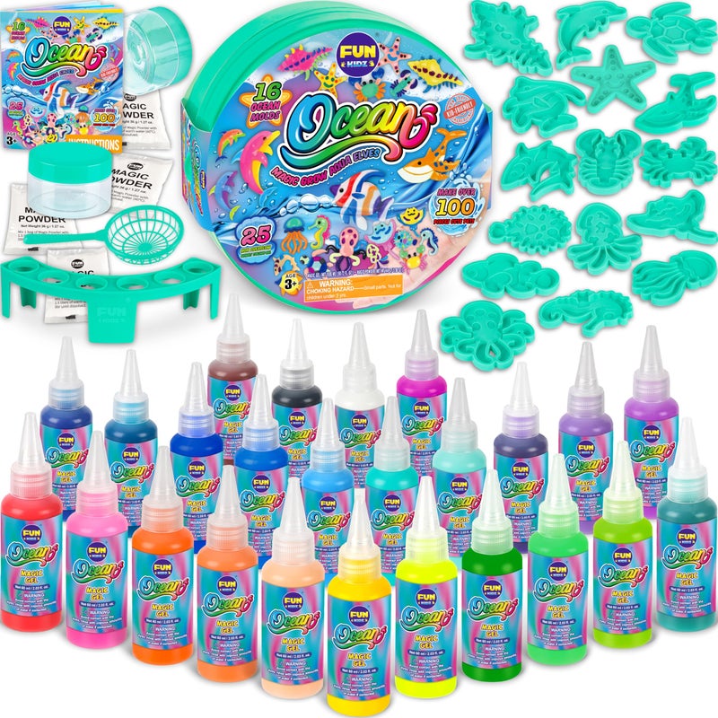 FUN KIDZ Ocean Magic Water Elves Toys Kit FunKidz Aqua Squishy Craft Kit for Kids 25 Bright Ocean Colors Gel 16 Ocan Creature Molds Great Birthday Gift for Boys Girls Summer Activities - Image 3