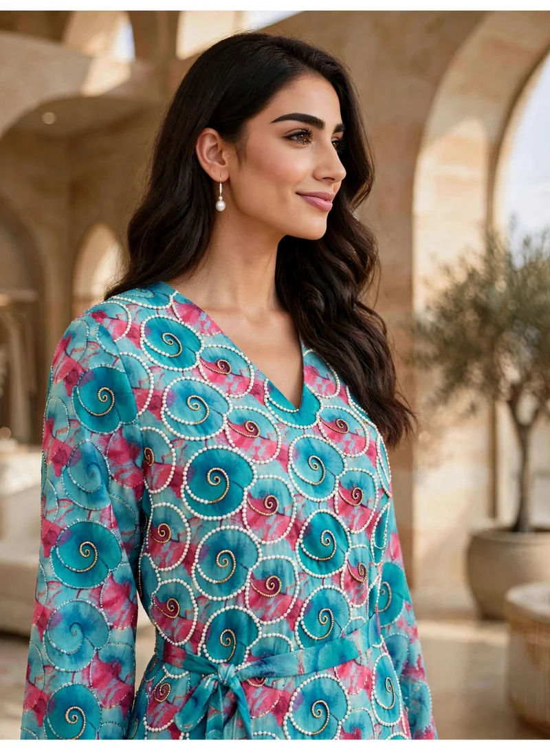 Ikkxa IKKXA Geometric Motif Belted V-Neck Jalabiya IKX122 Blue