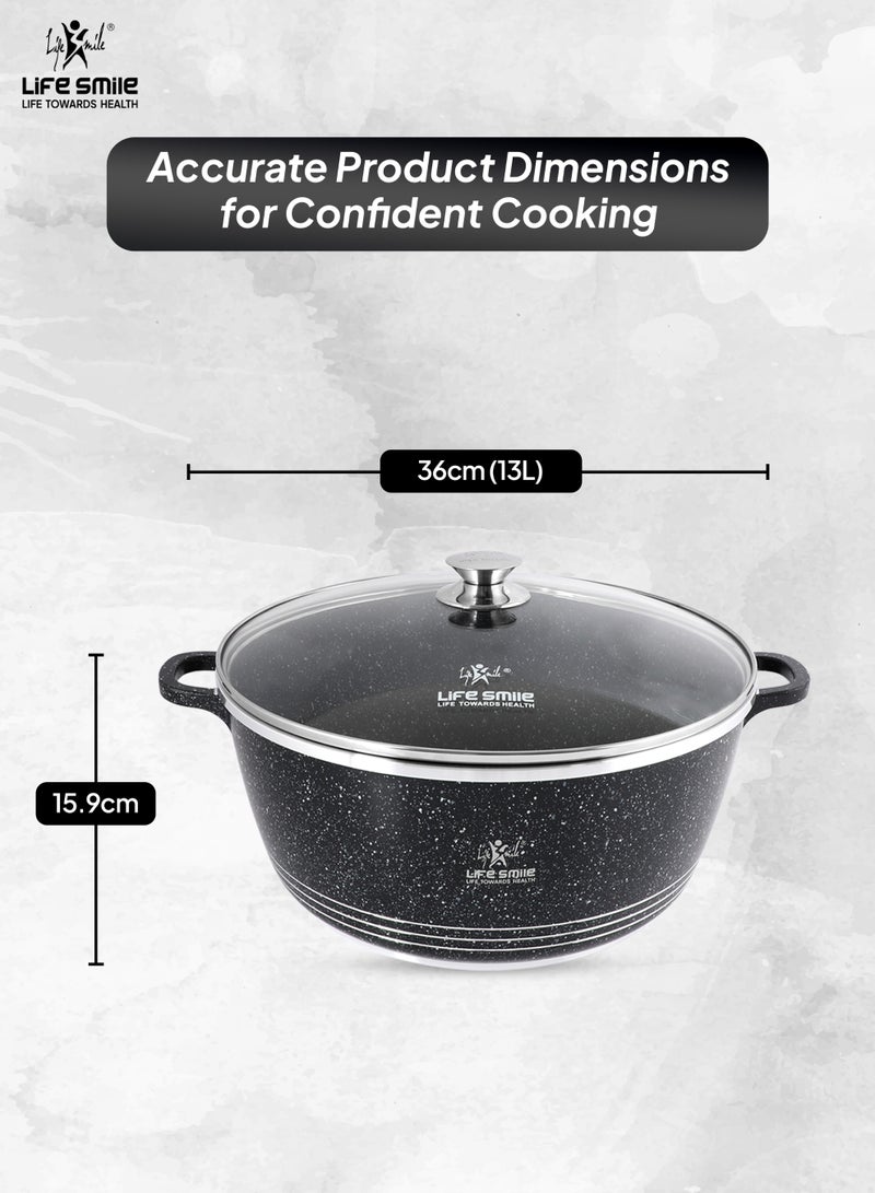 Life Smile 36cm Nonstick Cookwares – 13L Granite Cooking Pot with Glass Lid | Multi-Layer PFOA-Free Casserole, Aluminum Soup Pot with Fixed Handles, Stainless Steel Rim & Oven-Safe Design - Image 2