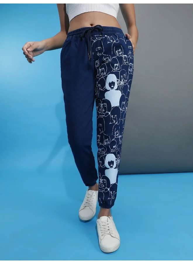 مرفوعة Dark Blue Women Regular Casual Placement Print Ankle Denim Jogger