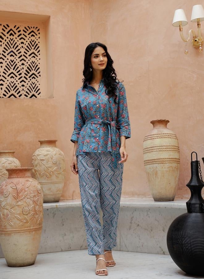 sanskrutihomes Floral Printed Spread Collar Shirt With Trousers Co-Ords - Image 2