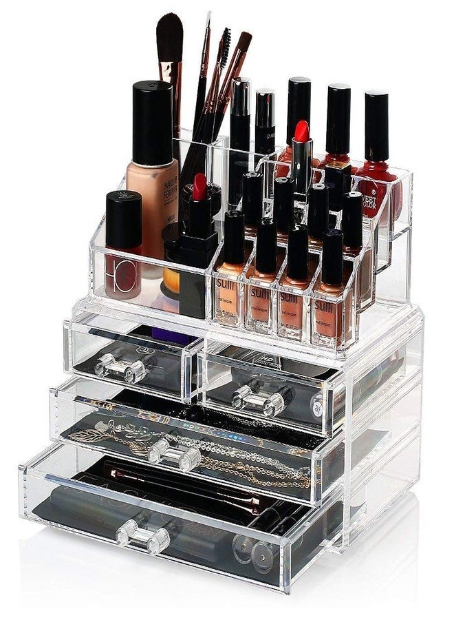 FosCadit 4 Drawer & 16 Compartment Acrylic Cosmetic Makeup Jewellery Lipstick Storage Box, 25x16x20cm (Transparent) - Image 2