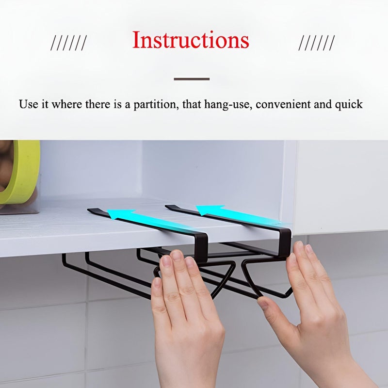 Double Row Glass Holder - Black metal under-cabinet rack designed for stemware, no drilling needed, compact 28x20.6x8 cm size, ideal for modern kitchens seeking elegant storage solutions. - Image 3