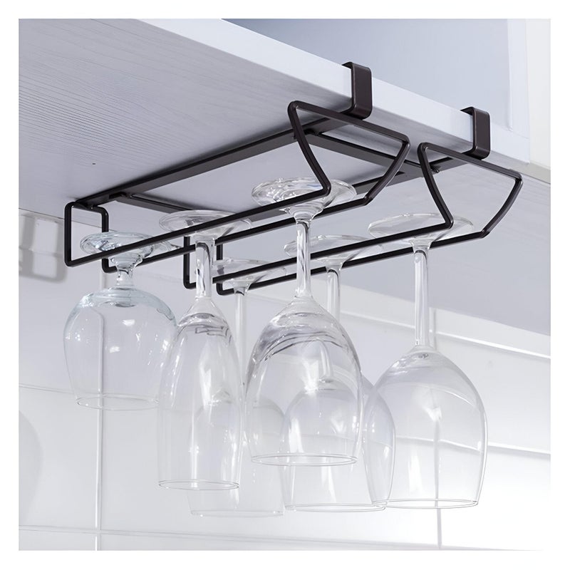 Double Row Glass Holder - Black metal under-cabinet rack designed for stemware, no drilling needed, compact 28x20.6x8 cm size, ideal for modern kitchens seeking elegant storage solutions. - Image 1