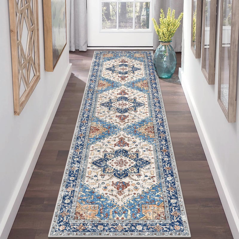 Yamaziot Washable Runner Rug 2x8 NonSlip Boho Vintage Hallway Rug with Rubber Backing Low Pile Faux Wool Distressed Carpet Runner for Bedroom Kitchen Laundry Entrance