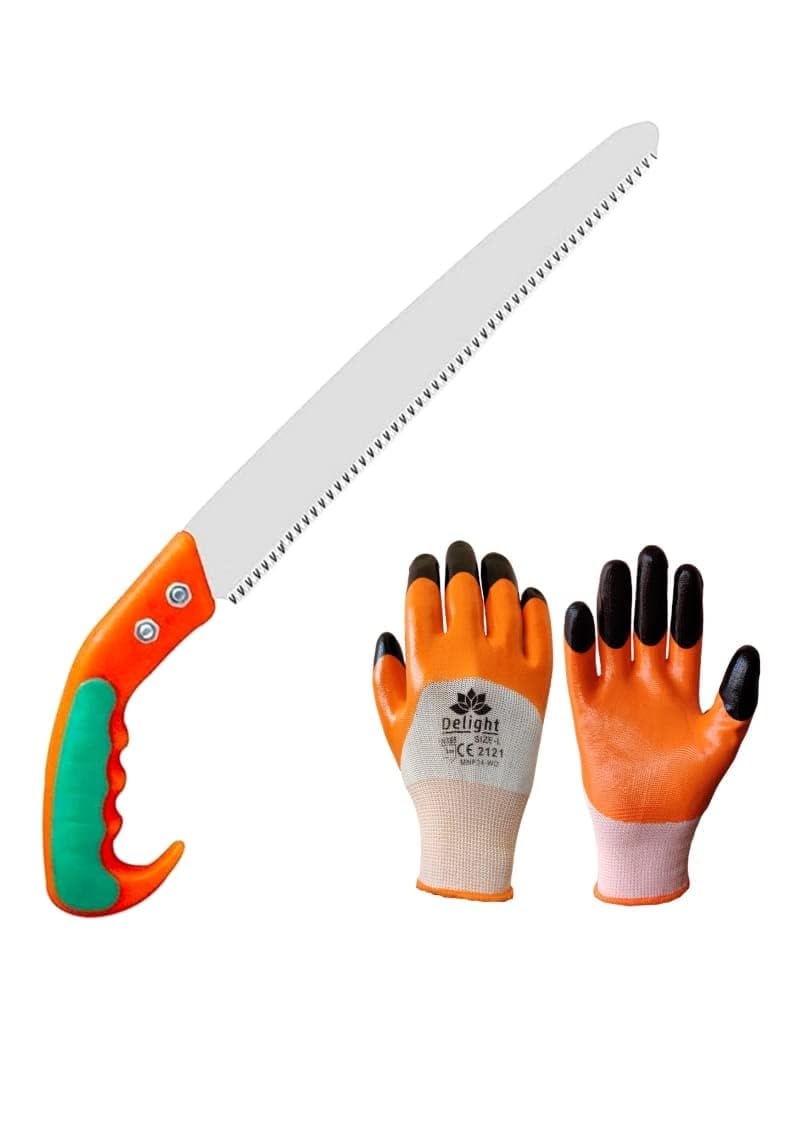 PERFECT TECH COMBO OF Foldable Hand Pruning Aari 270 mm & 1 PAIR HAND GLOVES for Tree Branch Cutter, Camping, Wood Cutting, High Carbon Steel Tree Pruning hand Prunner - Image 1