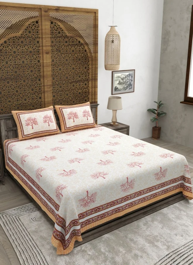 CLOTHOLOGY CLOTHOLOGY Cream & Maroon Floral Printed 180 TC Flat Cotton King Bedsheet with 2 Pillow Covers