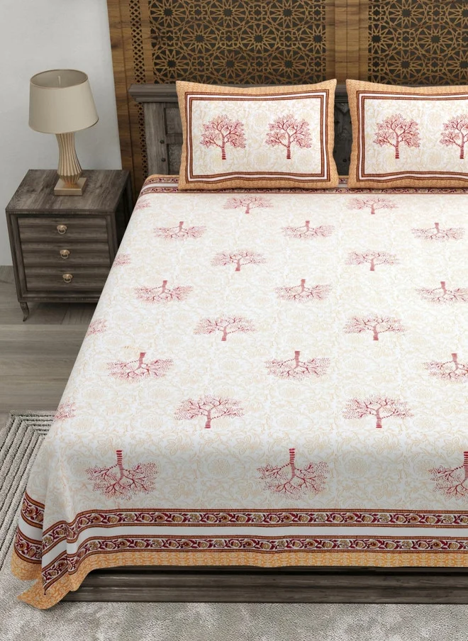 CLOTHOLOGY CLOTHOLOGY Cream & Maroon Floral Printed 180 TC Flat Cotton King Bedsheet with 2 Pillow Covers