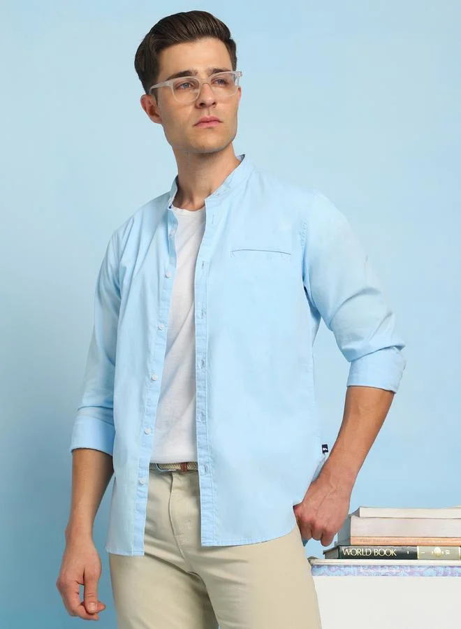 Dennis Lingo Men's Sky Blue Slim Fit Casual Spread Shirt