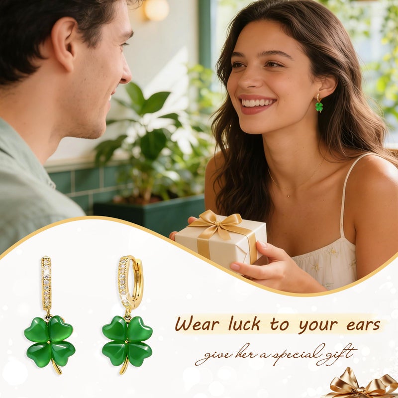 Sonateomber St Patricks Day Shamrock Green Gold Clover Small Dangle Hoop Earrings for Women, Dainty Cute CZ Rhinestone Lucky Four Leaf Drop Earings Holiday Accessories Outfit Fashion Jewelry Gift - Image 3