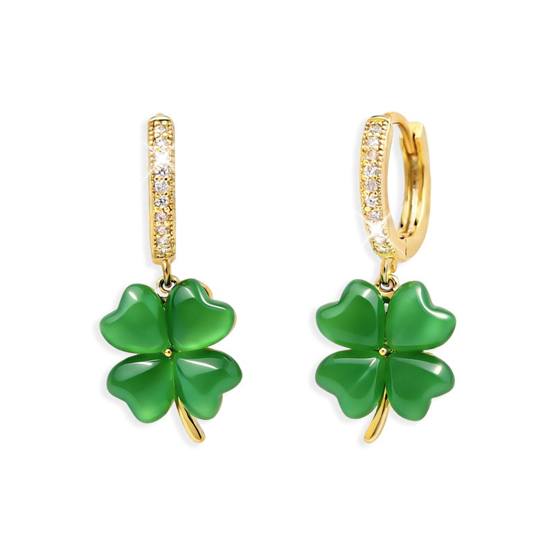 Sonateomber St Patricks Day Shamrock Green Gold Clover Small Dangle Hoop Earrings for Women, Dainty Cute CZ Rhinestone Lucky Four Leaf Drop Earings Holiday Accessories Outfit Fashion Jewelry Gift - Image 1