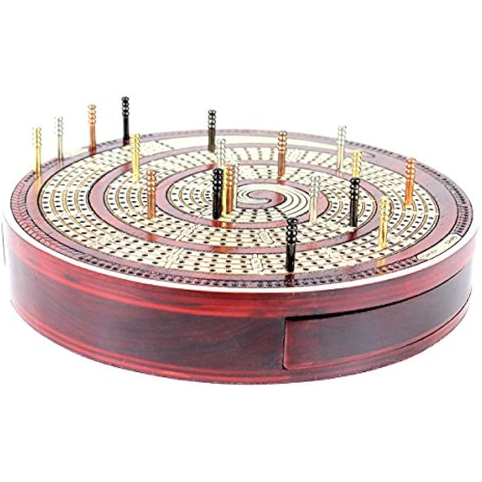 House of Cribbage Cribbage Board Spiral Design Round Shape 4 Tracks BloodwoodMaple with place for Skunks Corners  Won Games - Image 2