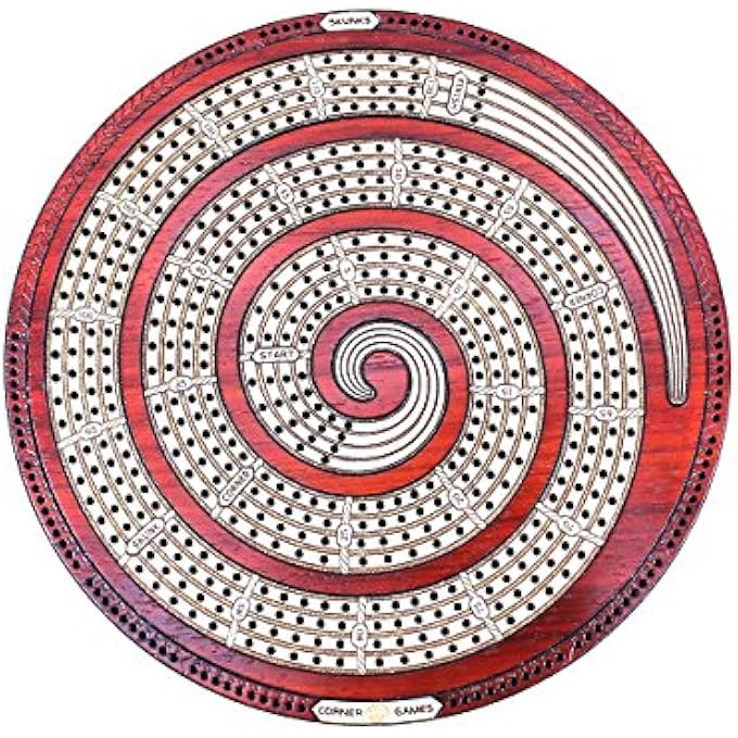 House of Cribbage Cribbage Board Spiral Design Round Shape 4 Tracks BloodwoodMaple with place for Skunks Corners  Won Games - Image 3