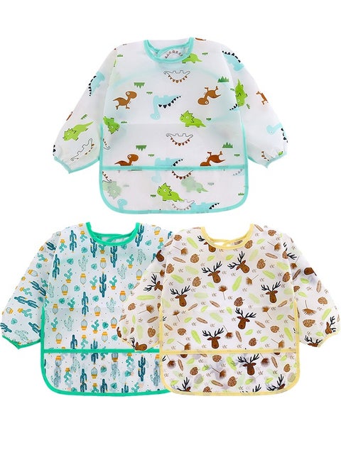 3 Pack Baby Long Sleeve Bibs, Toddler Feeding Waterproof Bibs with Great Capacity Pocket, Infant Smock Shirt Bib for Eating, Painting, Playing, Travel