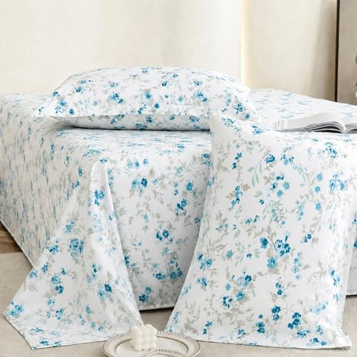 Plumora Cotton King Size Bedsheet 108x108 Super King, 100% Pure Cotton Bed Sheet with 2 Pillow Covers, 240 TC Soft Breathable Floral Design Bedding - (Ocean Bloom, Super King), White - Image 1
