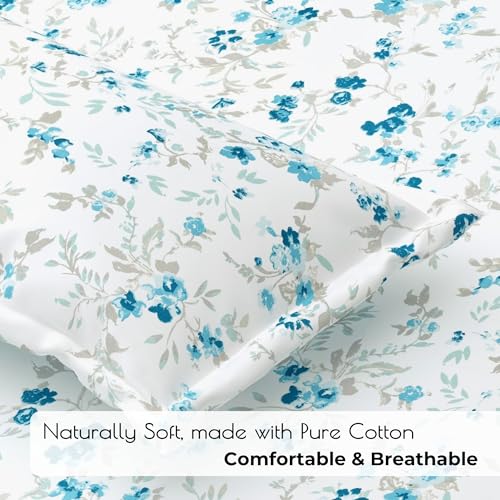 Plumora Cotton King Size Bedsheet 108x108 Super King, 100% Pure Cotton Bed Sheet with 2 Pillow Covers, 240 TC Soft Breathable Floral Design Bedding - (Ocean Bloom, Super King), White - Image 2