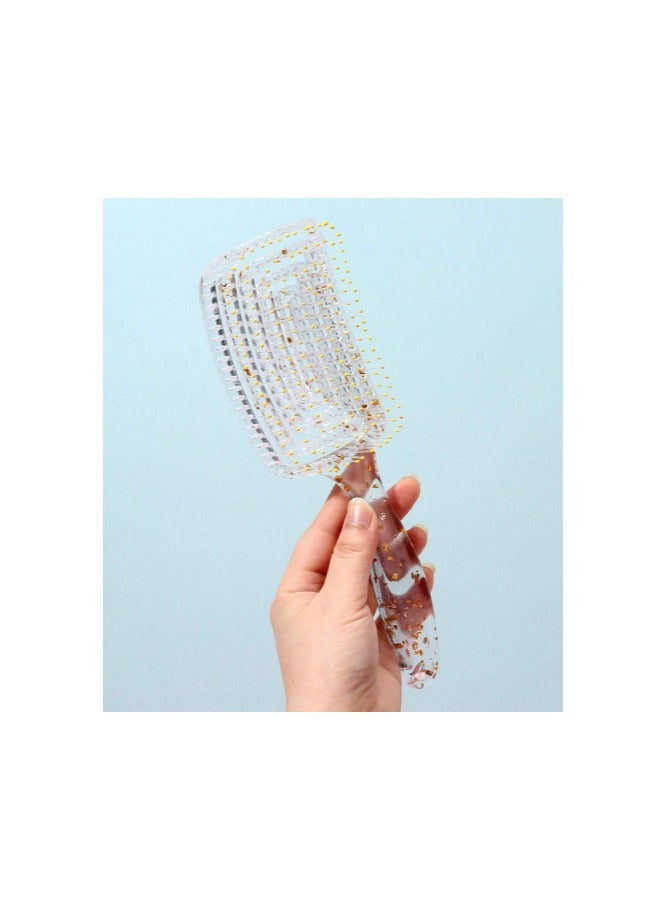 Fashionable cylindrical perforated comb with gold paste, transparent body with silver glitter for long curly hair, used for head massage and hair straightening. - Image 1