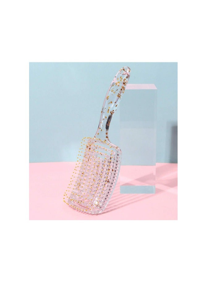 Fashionable cylindrical perforated comb with gold paste, transparent body with silver glitter for long curly hair, used for head massage and hair straightening. - Image 3