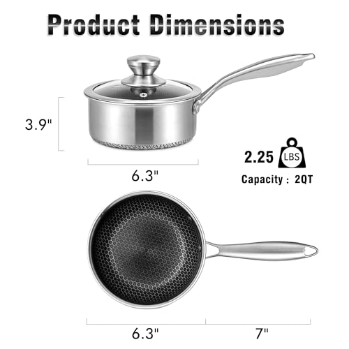AuFranc™ Hybrid Nonstick 2 Quart Stainless Steel Saucepan with Glass Lid, Induction Sauce Pan with Honeycomb Carving, Non-stick Sauce Pot Compatible with All Cooktops, Dishwasher Safe, Non-Toxic - Image 2