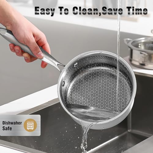 AuFranc™ Hybrid Nonstick 2 Quart Stainless Steel Saucepan with Glass Lid, Induction Sauce Pan with Honeycomb Carving, Non-stick Sauce Pot Compatible with All Cooktops, Dishwasher Safe, Non-Toxic - Image 5