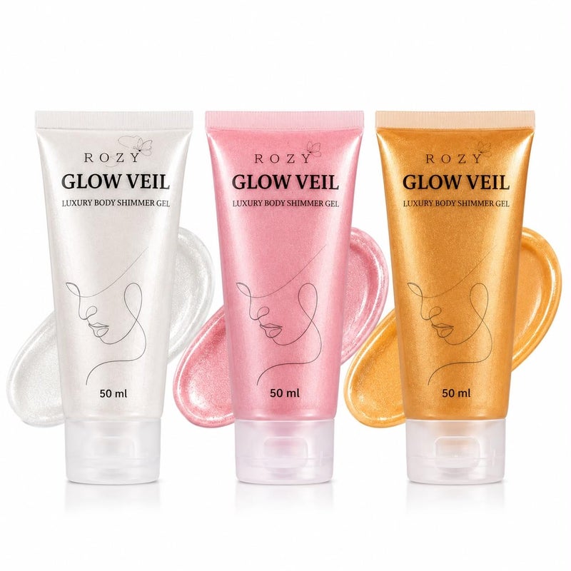Rozy glow veil Shimmer Moisturizing and Softening Body Gel Set, 3 Colors Gold, Pink and Pearl White, Feminine Scent and Sexy Shine, 3 x 50 ml