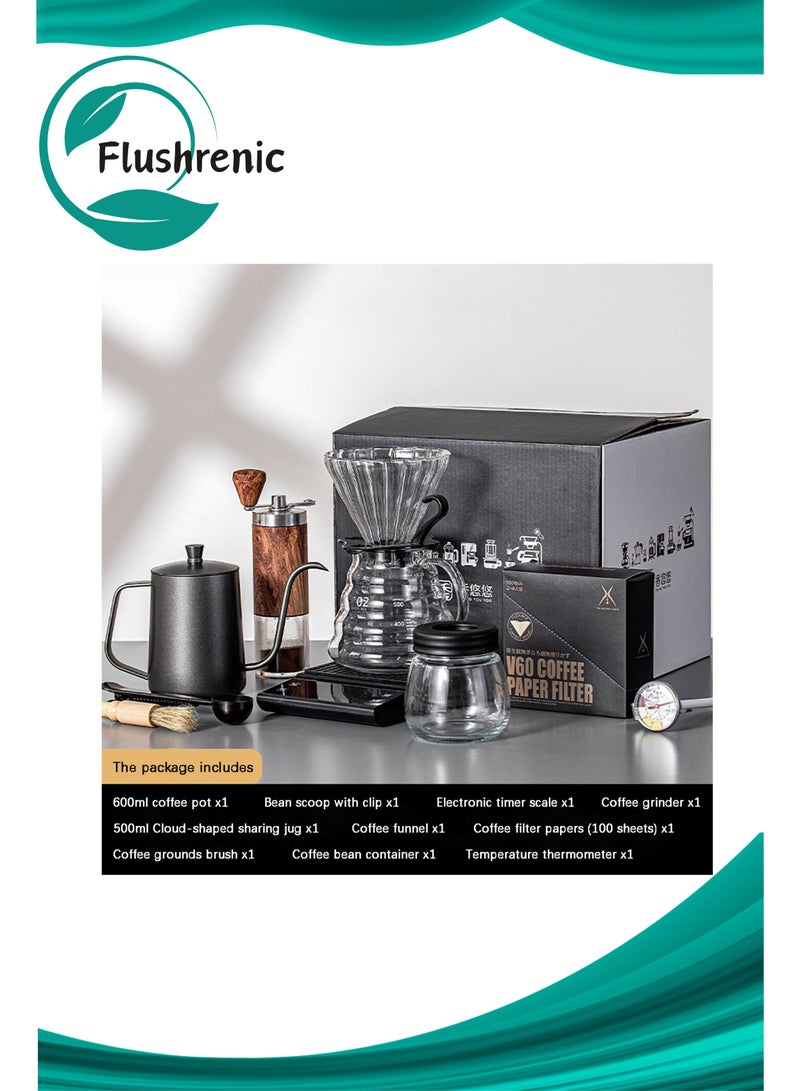 فلوشرينيك مجموعة فاخرة من عشرة قطع لصنع القهوة بالصب، مجموعة V60 للقهوة، تتكون من مصفاة قهوة، مطحنة يدوية، مقياس توقيت رقمي، ورق ترشيح، ومقياس حرارة. تأتي في عبوة هدايا، وهي مثالية لمحبي القهوة وكهدية مثالية لمحبي القهوة. - Image 1
