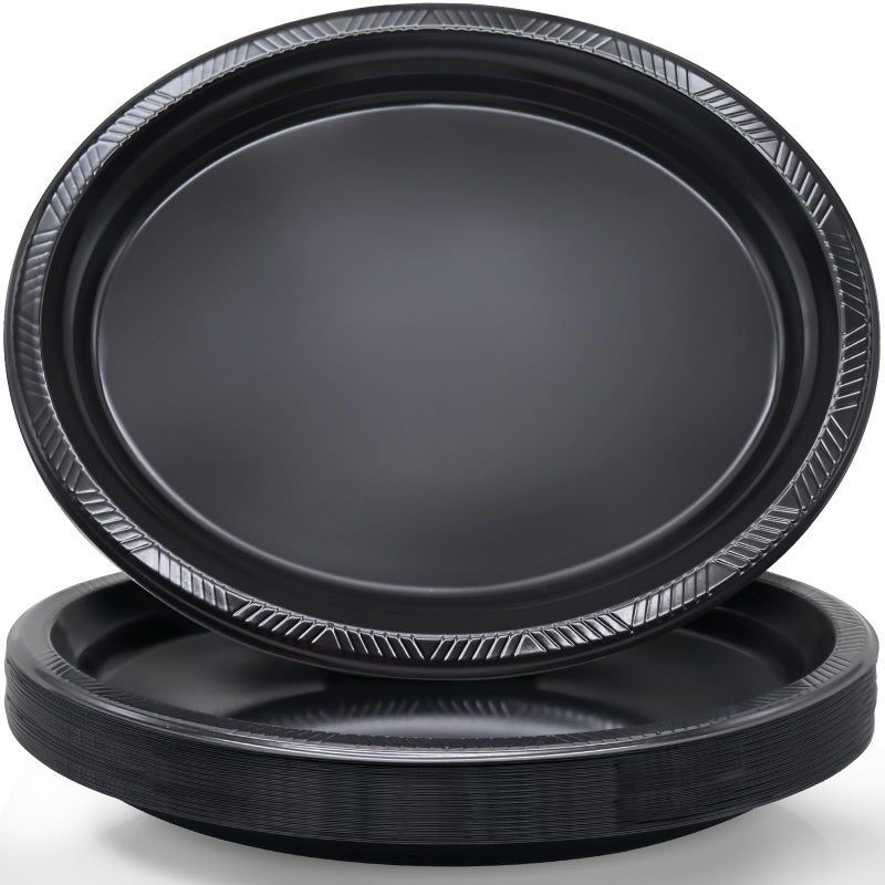 BONSINY Black Plastic Plates 12 inch x 10 inch- Oval Black Plates Disposable for Party Birthday Picnic Easter Graduation Party (50 Count) - Image 1