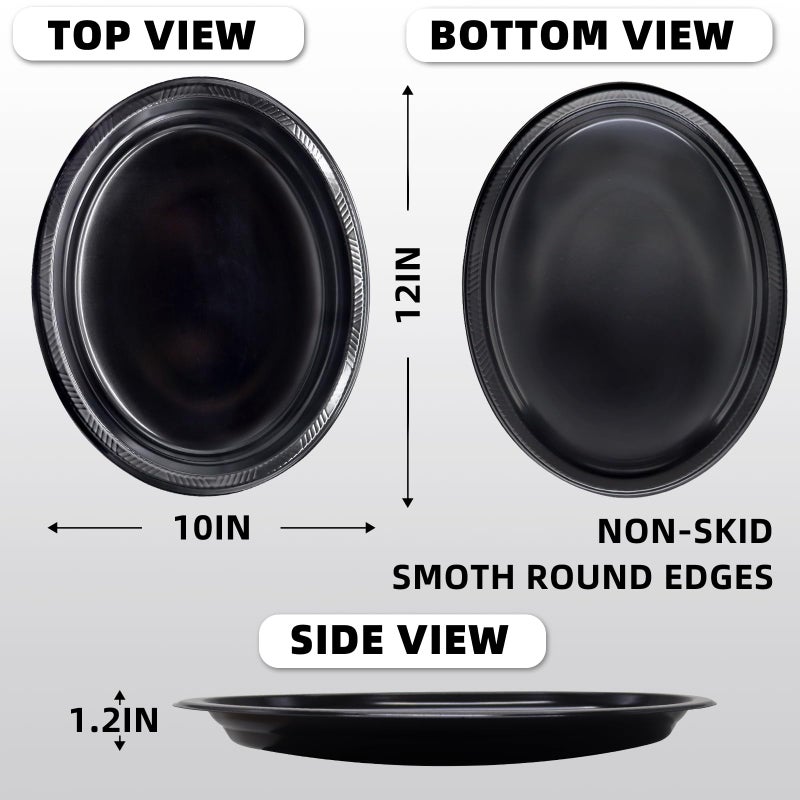BONSINY Black Plastic Plates 12 inch x 10 inch- Oval Black Plates Disposable for Party Birthday Picnic Easter Graduation Party (50 Count) - Image 2