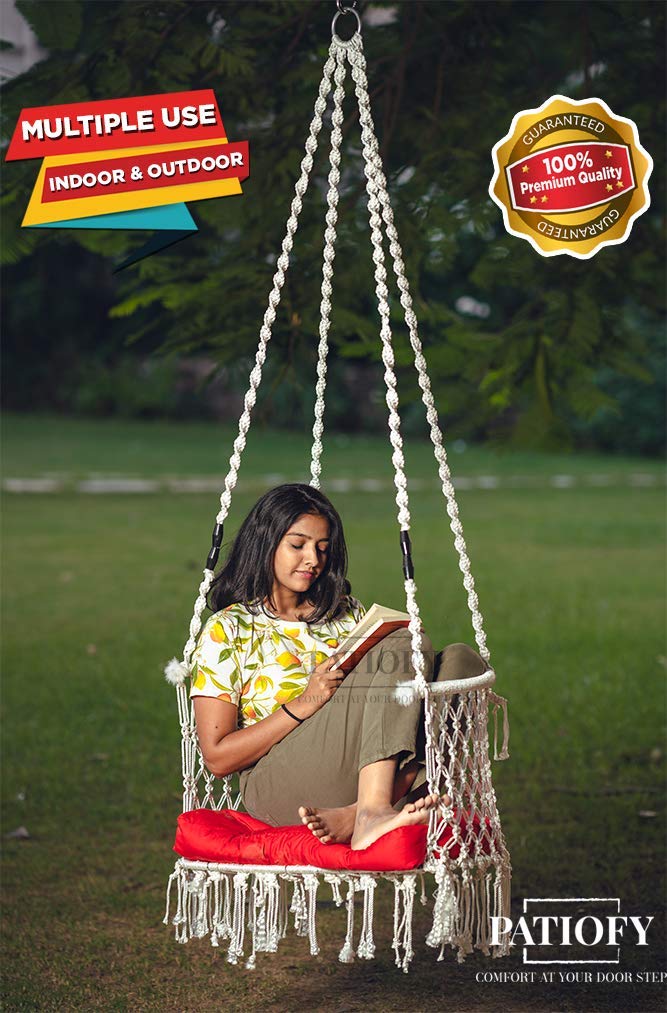 Patiofy Cotton Premium C Shape Swing For Adults And Kids/Swing For Balcony/Swing For Living Room/Hammock Swing For Adults/Jhula For Adults/Cushion & Hanging Kit Included (White) - 71 Cm, 5 Cm - Image 3
