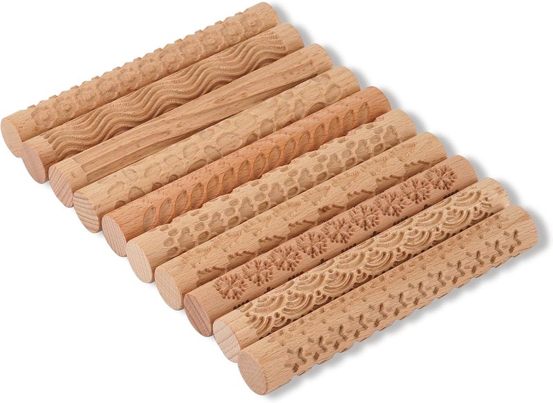 Lzttyee Set of 10 Wooden Handle Pottery Tools Clay Modeling Pattern Rollers Kit - Image 1