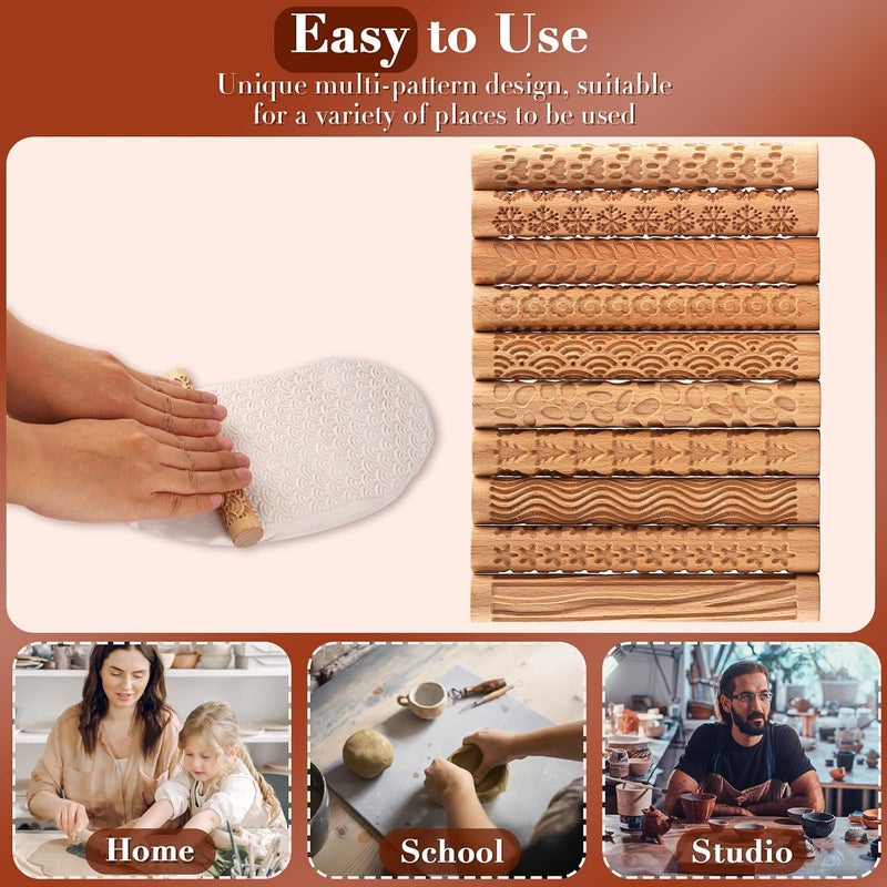 Lzttyee Set of 10 Wooden Handle Pottery Tools Clay Modeling Pattern Rollers Kit - Image 4
