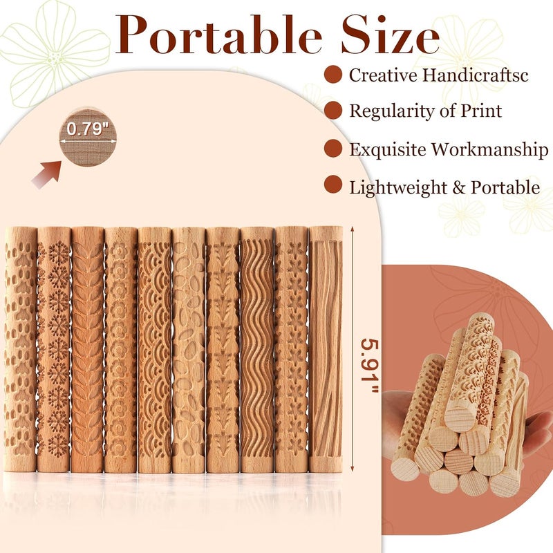 Lzttyee Set of 10 Wooden Handle Pottery Tools Clay Modeling Pattern Rollers Kit - Image 2