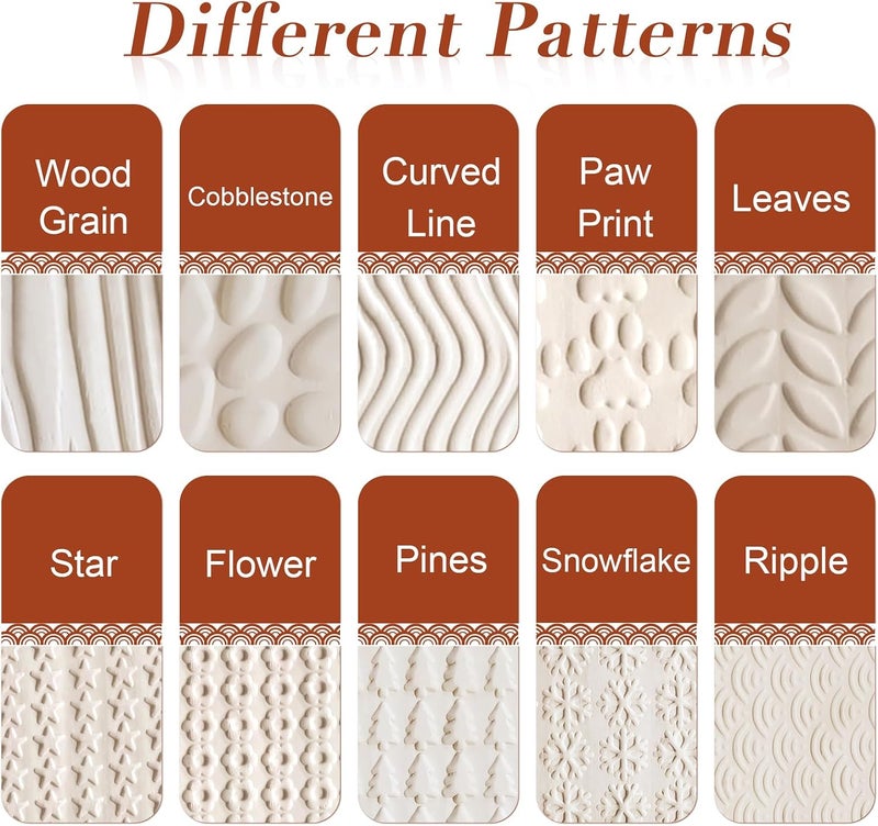 Lzttyee Set of 10 Wooden Handle Pottery Tools Clay Modeling Pattern Rollers Kit - Image 3