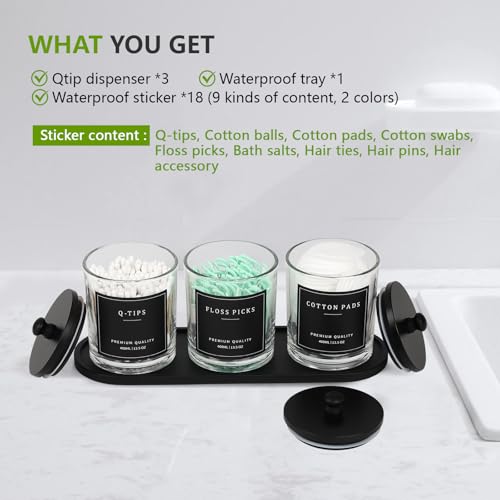 eggs sound 3 Pack Qtip Holder - Bathroom Organizers and Storage, Cotton Round Pad Holder Swab Dispenser Floss Pick Holder with Tray, Glass Apothecary Jars with Lids, Cotton Ball Container - Clear Bk - Image 2