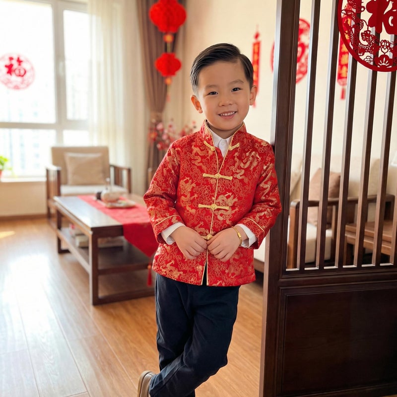 Noubeau Boy Tang Suit Dragon Long Sleeve Shirt Chinese New Year Outfit Chinese Traditional Clothes for Kids (Red,9-10 Years) - Image 2