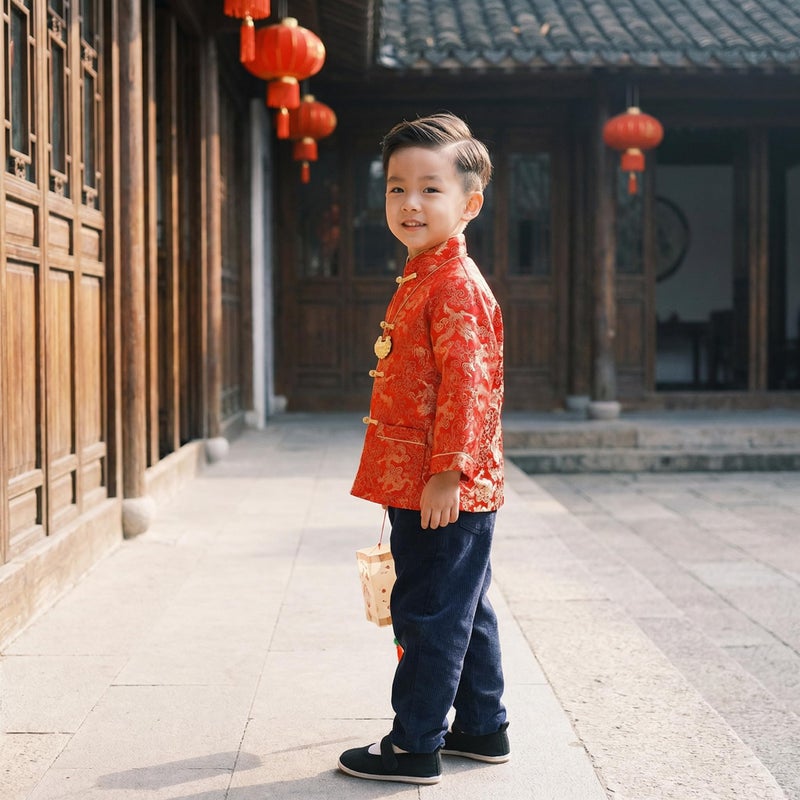 Noubeau Boy Tang Suit Dragon Long Sleeve Shirt Chinese New Year Outfit Chinese Traditional Clothes for Kids (Red,9-10 Years) - Image 5