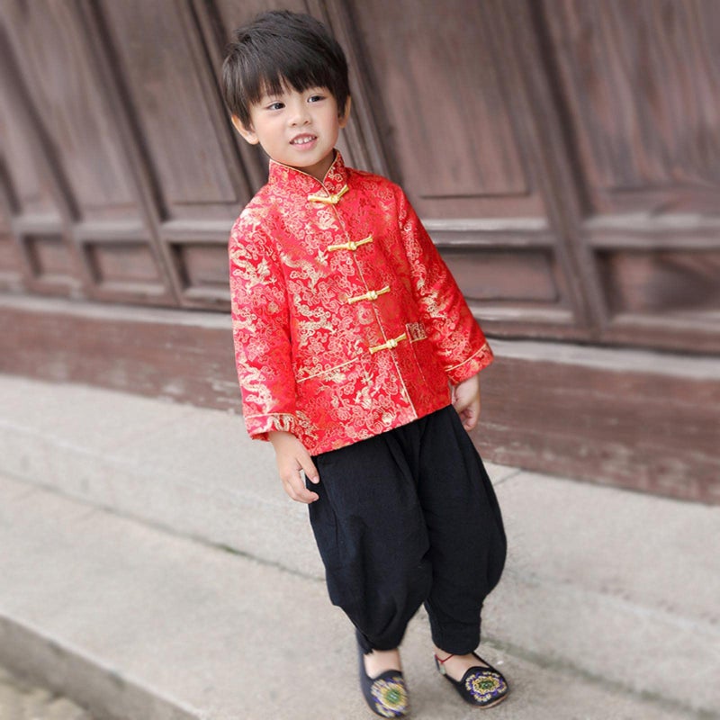 Noubeau Boy Tang Suit Dragon Long Sleeve Shirt Chinese New Year Outfit Chinese Traditional Clothes for Kids (Red,9-10 Years) - Image 3