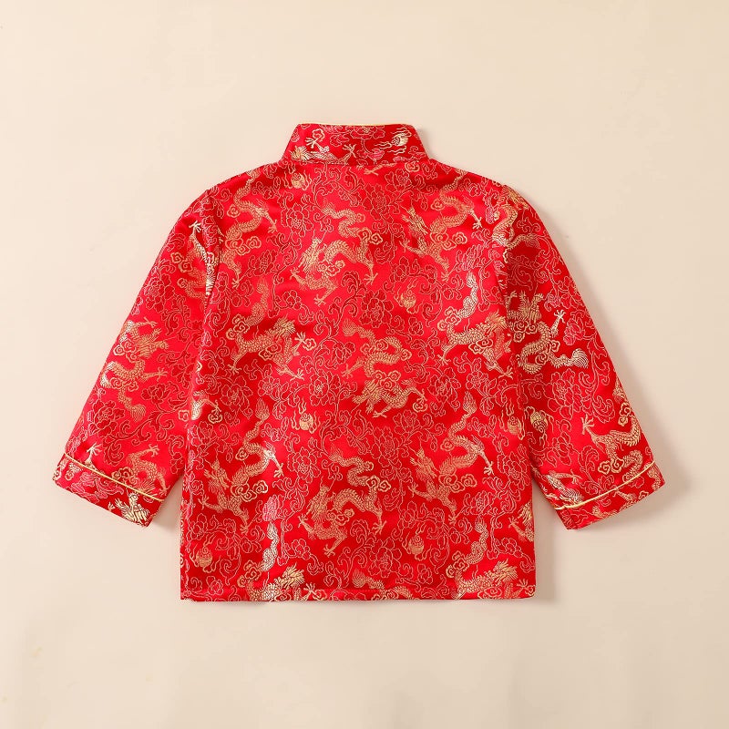 Noubeau Boy Tang Suit Dragon Long Sleeve Shirt Chinese New Year Outfit Chinese Traditional Clothes for Kids (Red,9-10 Years) - Image 4