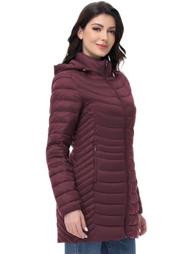 MIDNIGHTSUN Women’s Packable Puffer Jacket Lightweight Puffer Coat Mid-length Hooded Warm Winter Puffy Jacket (Wine, S) - Image 2