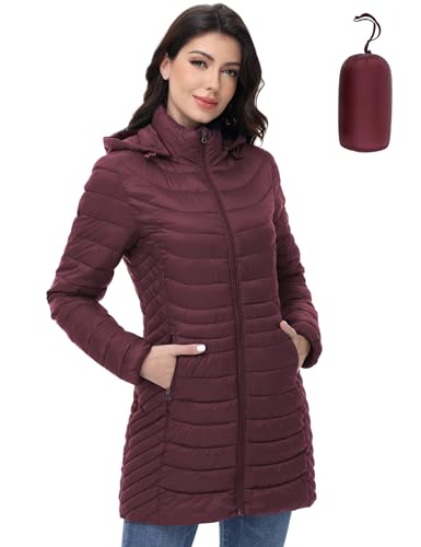 MIDNIGHTSUN Women’s Packable Puffer Jacket Lightweight Puffer Coat Mid-length Hooded Warm Winter Puffy Jacket (Wine, S) - Image 1