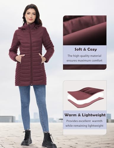 MIDNIGHTSUN Women’s Packable Puffer Jacket Lightweight Puffer Coat Mid-length Hooded Warm Winter Puffy Jacket (Wine, S) - Image 5
