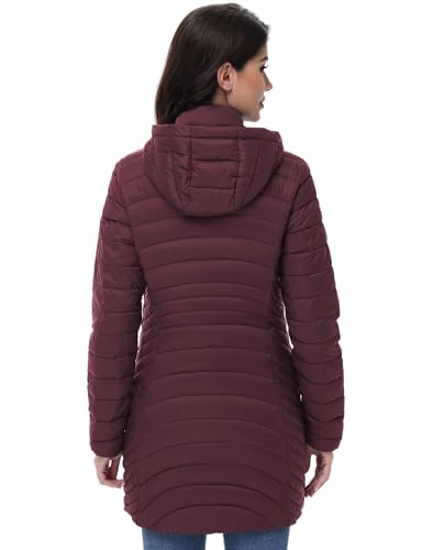 MIDNIGHTSUN Women’s Packable Puffer Jacket Lightweight Puffer Coat Mid-length Hooded Warm Winter Puffy Jacket (Wine, S) - Image 3